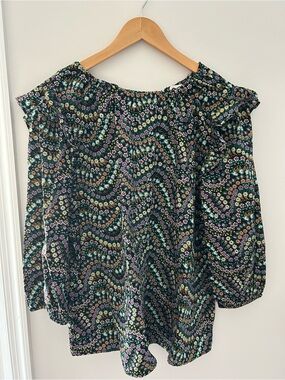 LOFT Black Multi Floral Off-Shoulder Long Sleeve Top
